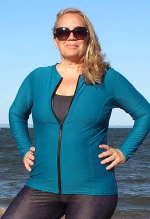 TN-Plus-Size-Zip-Front-Rashie-Long-Sleeve-Womens-Sun-Safe-Swimwear Blue Turquoise teal