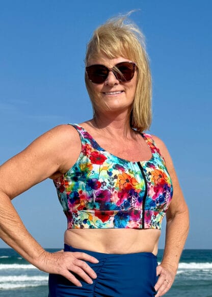 zip front floral swim bra crop top